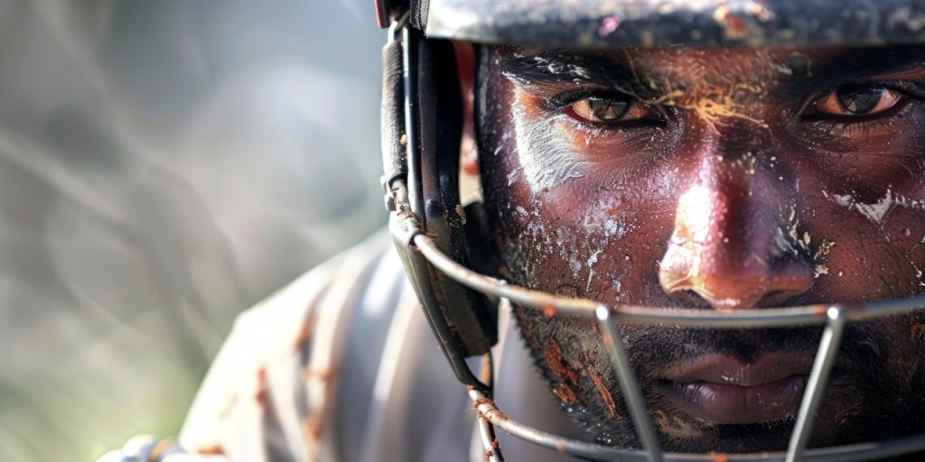 Close-up of a cricket player wearing a helmet, with focus on intense eyes and face visibly marked with paint or dirt.