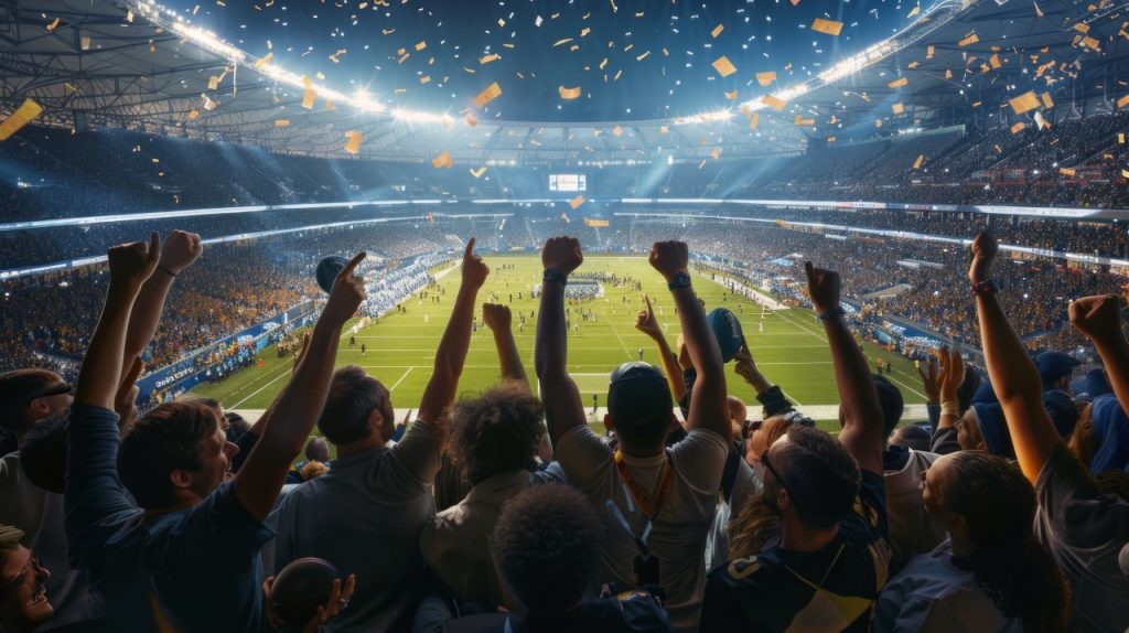 Crowd cheering in a stadium as confetti falls, with a sports game happening on the field under bright stadium lights.