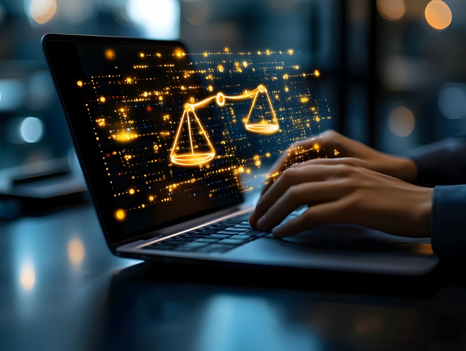 Hands typing on a laptop with a glowing digital scales of justice symbol floating above the keyboard.