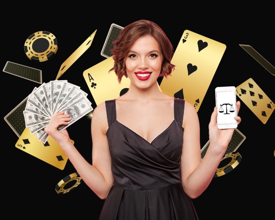 Woman in black dress holding cash fan and phone with scales icon, surrounded by gold cards and poker chips on a black background.