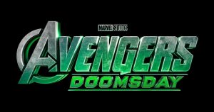 Logo of "Avengers: Doomsday" by Marvel Studios, featuring a metallic and green stylized title on a black background.