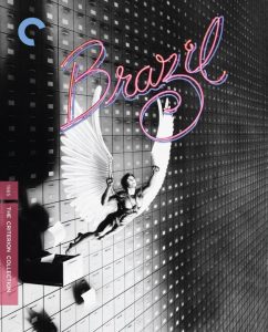 A man with wings flies past an endless wall of filing cabinets. The word "Brazil" is written above in neon lights. Criterion Collection label visible.