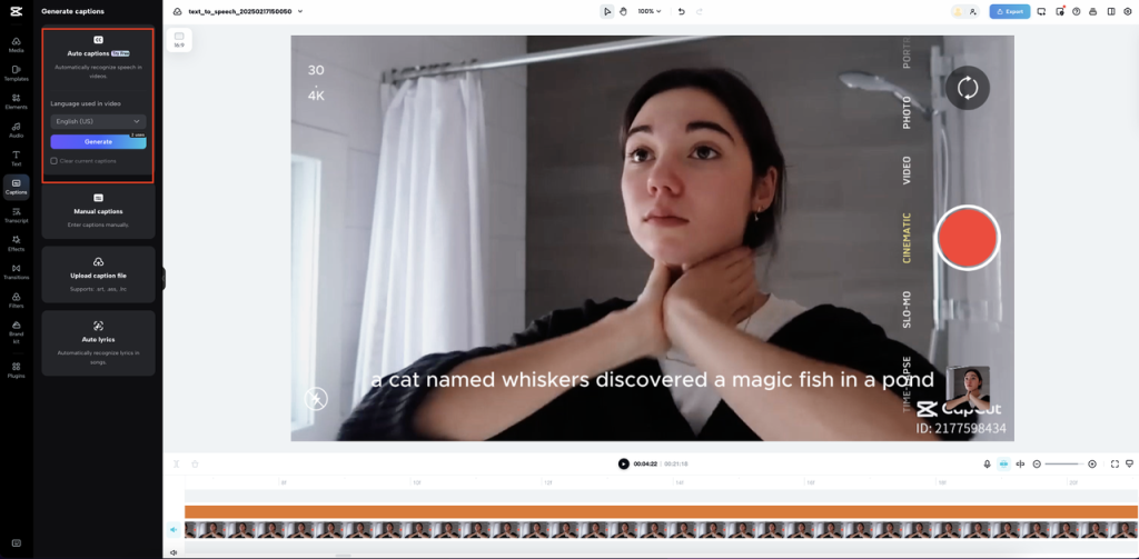 A person with dark hair looks at their reflection in a bathroom mirror, holding their neck with both hands. Text on screen reads, "a cat named whiskers discovered a magic fish in a pond.