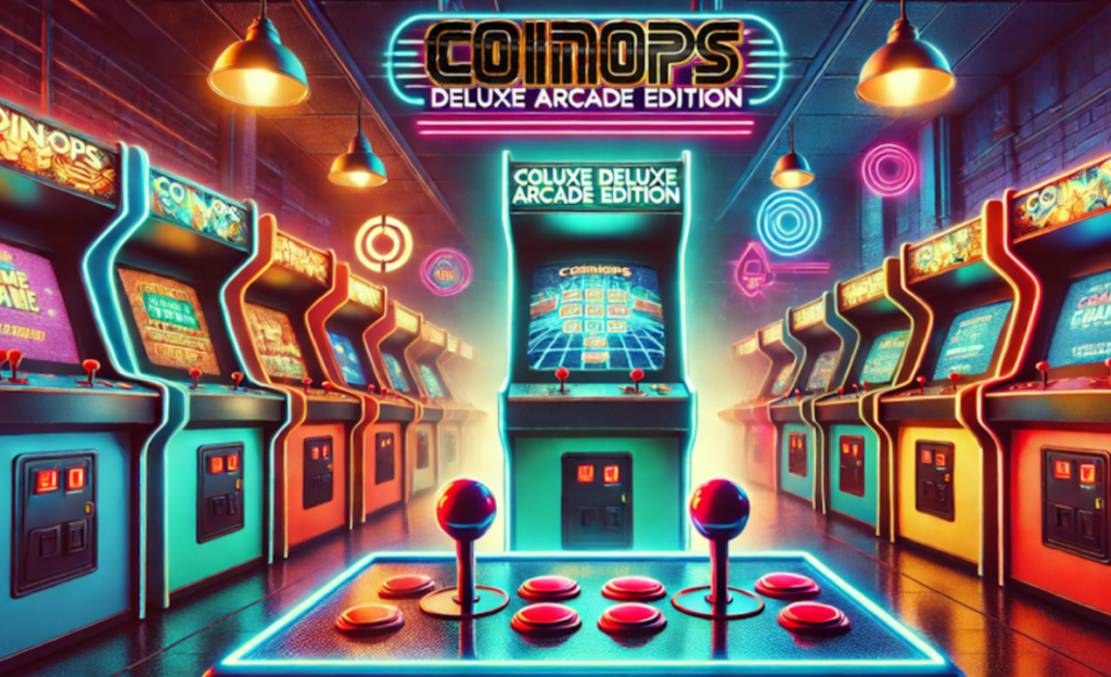 A retro-style arcade with neon lights features the game "COINOPS Deluxe Arcade Edition." Rows of colorful arcade machines line both sides, and a central game console has multiple joysticks.