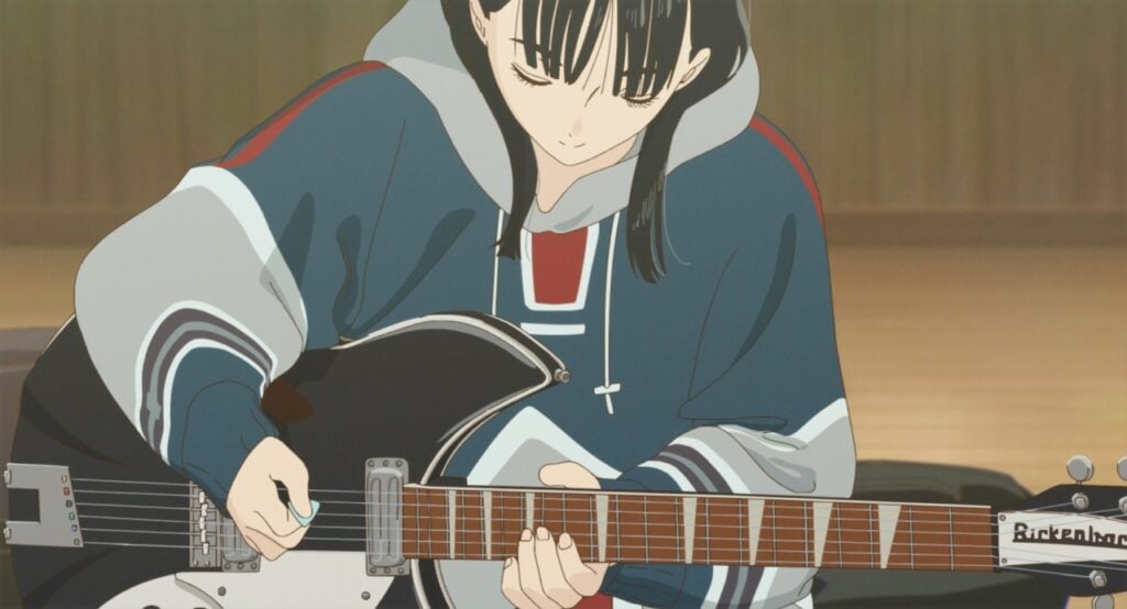 Animated character playing an electric guitar, wearing a hoodie.