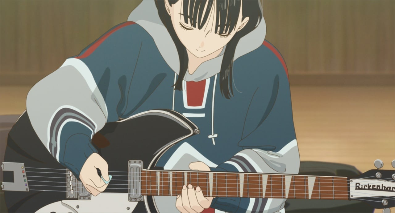 Animated character playing an electric guitar, wearing a hoodie.