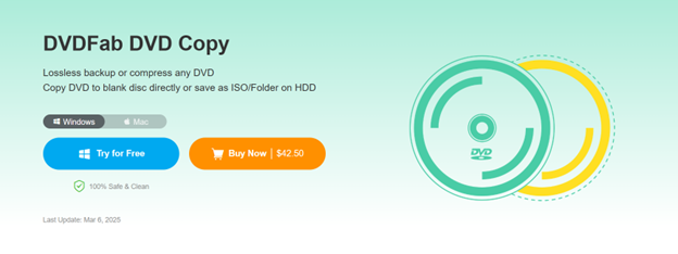 DVD backup app interface; offers options for Windows or Mac. Features "Try for Free" and "Buy Now" buttons. Last update: Mar 6, 2023.
