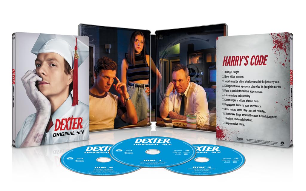 Dexter: Original Sin DVD set showing four discs, cover art with a person in a cap and gown, and characters at a table. Text on the back explains "Harry's Code.