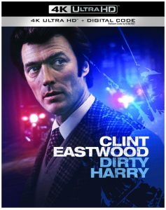 Cover of "Dirty Harry" 4K Ultra HD edition featuring a man in a suit with city lights in the background.