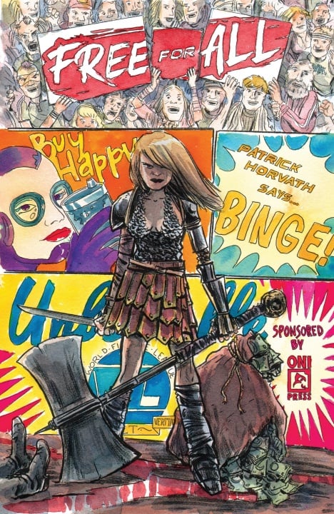 A warrior woman holding an axe stands amidst colorful comic book-style panels with words like "Free for All" and "Binge.