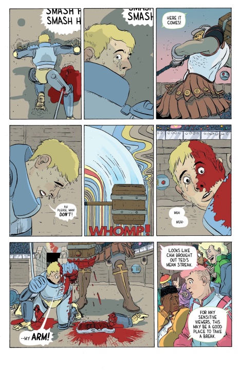Comic page depicting a knight in battle; an opponent's attack leads to the knight's arm being severed. Onlookers react with concern; a commentator suggests a break for sensitive viewers.