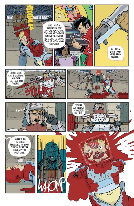 Comic page showing a violent arena fight between two armored characters, with graphic action and dialogue. Blood, weapons, and spectators are depicted throughout the panels.