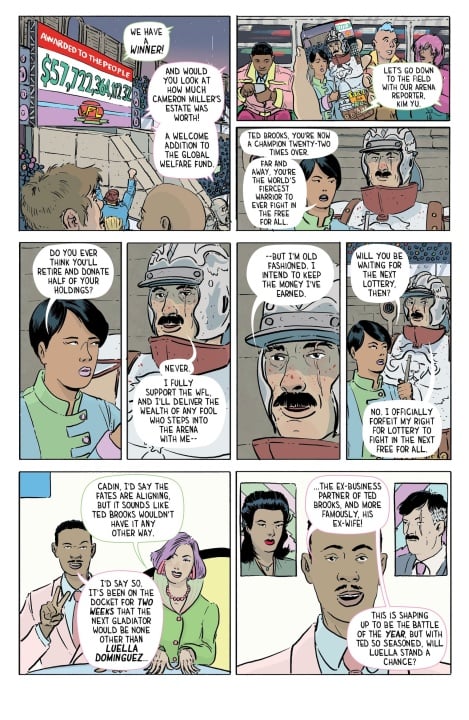 Comic page showing news anchors discussing a lottery event. A man in a helmet holds a large check. Another panel shows two men talking about the negative view on charity. Conversations about lottery winners.