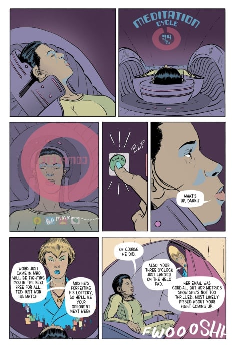 Comic page with six panels: 1) Person with closed eyes in meditation pod; 2) Progress bar at 94%; 3) Display shows "Danni"; 4) Person presses button; 5) Dialogue about a fight; 6) Email alert arrives.