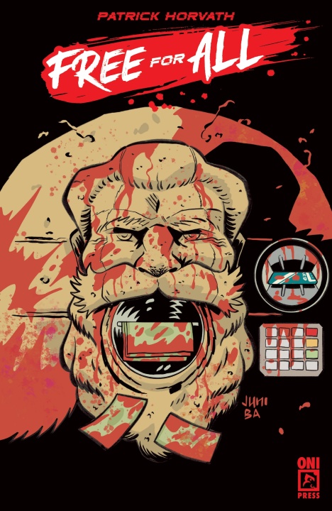 Stylized comic cover with a rugged man's face, red and beige abstract colors, text "Free For All" at the top, and a comic panel to the right.