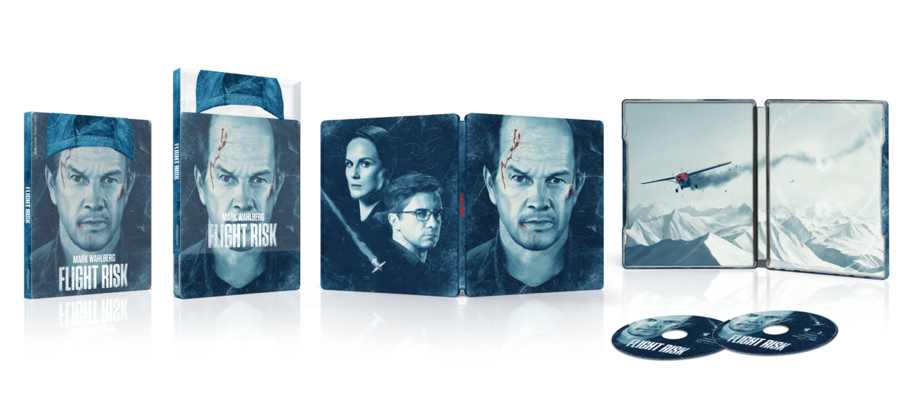 Blu-ray box set of "Flight Risk" with outer and inner artwork featuring three people and a plane flying over snowy mountains. Two discs are shown in front.