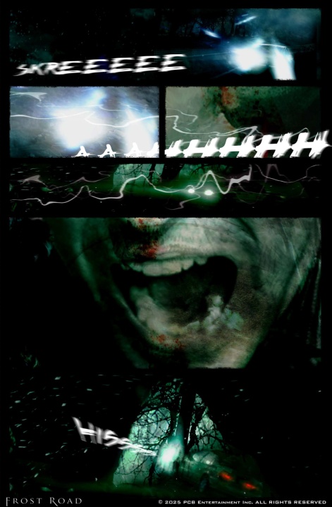 Dark comic panel showing an open mouth screaming, sound effects like "SKREEEE" and "AAHHHH," with shadowy, abstract imagery.