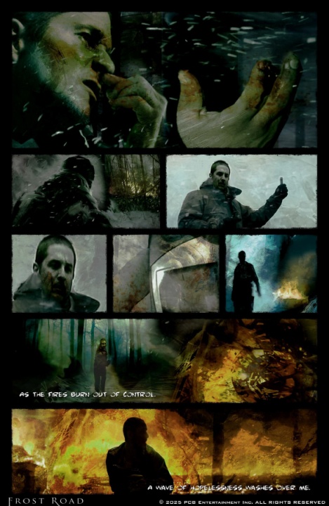 Comic panels depict a man in various intense scenes, including speaking, gesturing, and standing in a burning forest. Text reads, "As the fires burn out of control, a wave of hopelessness washes over me.