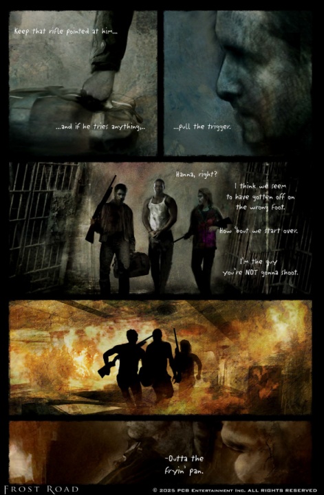 A dark, gritty comic strip depicting tense dialogue, armed individuals, and an explosive scene with flames. Text includes phrases about aiming, trust, and starting over.