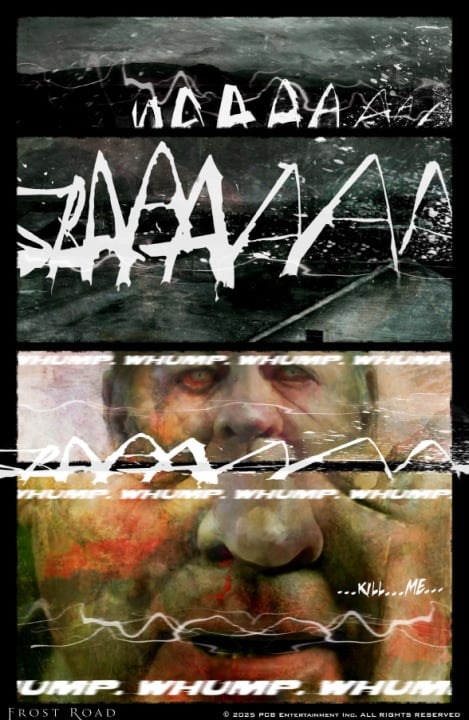 A series of distorted images shows a chaotic scene with abstract shapes. The final panel features a person's face with eyes closed, partially obscured text reads "... kill... me...".