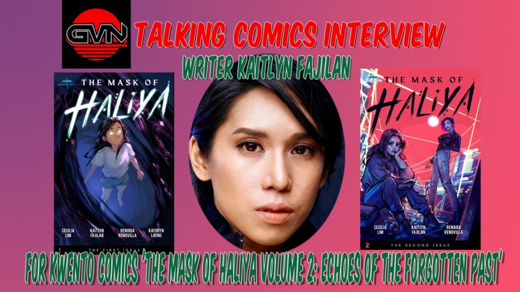 Promotional image for "The Mask of Haliya" interview with writer. Features covers of Volumes 1 and 2 of the comic series.