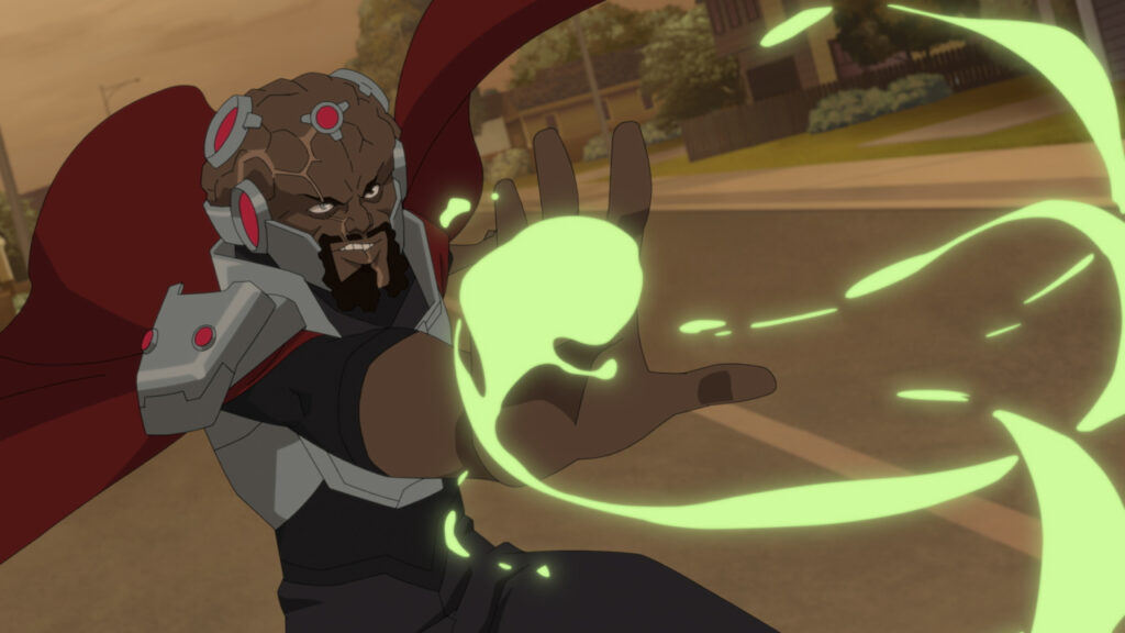 Animated character with glowing energy in hand, wearing armor with red cape and headgear, stands on a street.