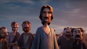 Animated characters in robes stand outdoors at dusk, focusing on a central figure wearing a cross necklace.