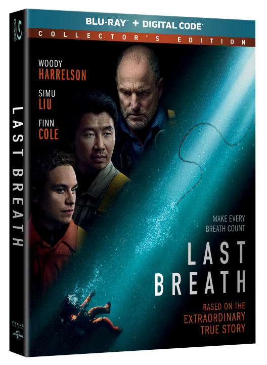 Blu-ray cover of "Last Breath" shows three men and a submerged diver. Text includes actors' names: Woody Harrelson, Simu Liu, Finn Cole, and states it's based on a true story.