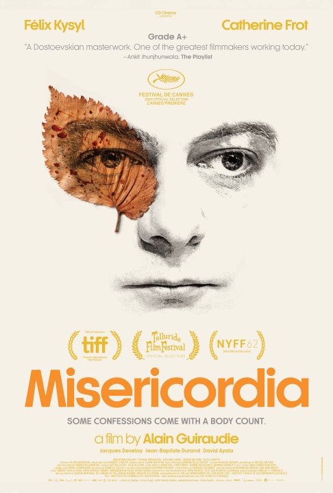 Film poster for "Misericordia" featuring a close-up of a man's face partially covered by a leaf, with festival accolades and the names Félix Kysyl, Catherine Frot, and Alain Guiraudie.