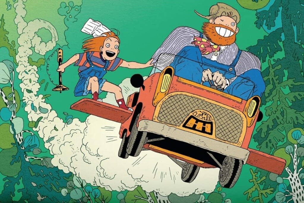 Young girl in overalls and man with a beard drive a flying car amidst green foliage, leaving a trail of smoke.