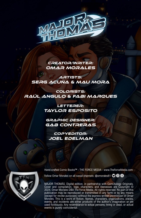 Cover art for "Major Thomas" comic book featuring creator and writer Omar Morales, with a team of artists and designers listed. Major Thomas holds a futuristic weapon with a spaceship backdrop.