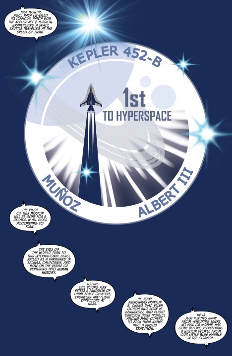 Illustrated badge design featuring a spaceship and text "Kepler 452-B, 1st to Hyperspace, Muñoz, Albert III" with surrounding speech bubbles narrating a sci-fi space journey.