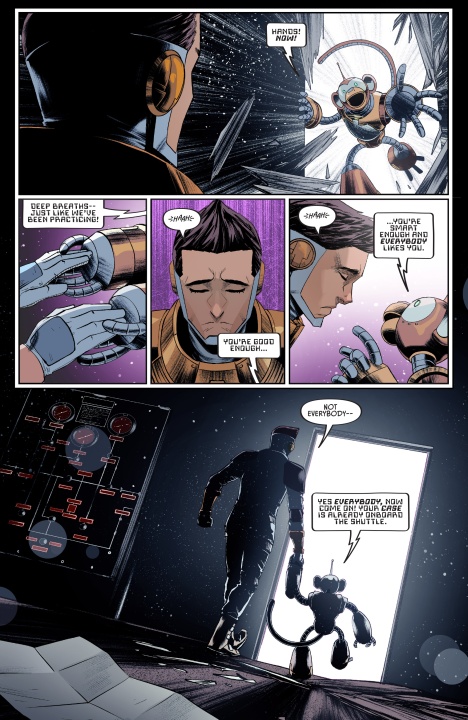 Comic page showing a confrontation between two characters in a futuristic setting. One character is reassured of their abilities, while the other mentions returning to the shuttle.