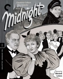 Vintage movie poster for "Midnight" featuring monochrome illustrations of formal-dressed characters, including a woman in a gown and a man in a suit, with a backdrop of Paris.