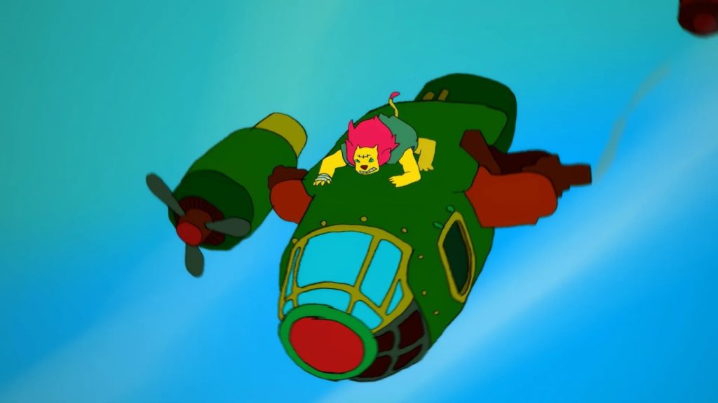 A cartoon character with red hair and a lion-like face climbs on a flying, green, retro-style aircraft with rotary engines in a blue sky background.