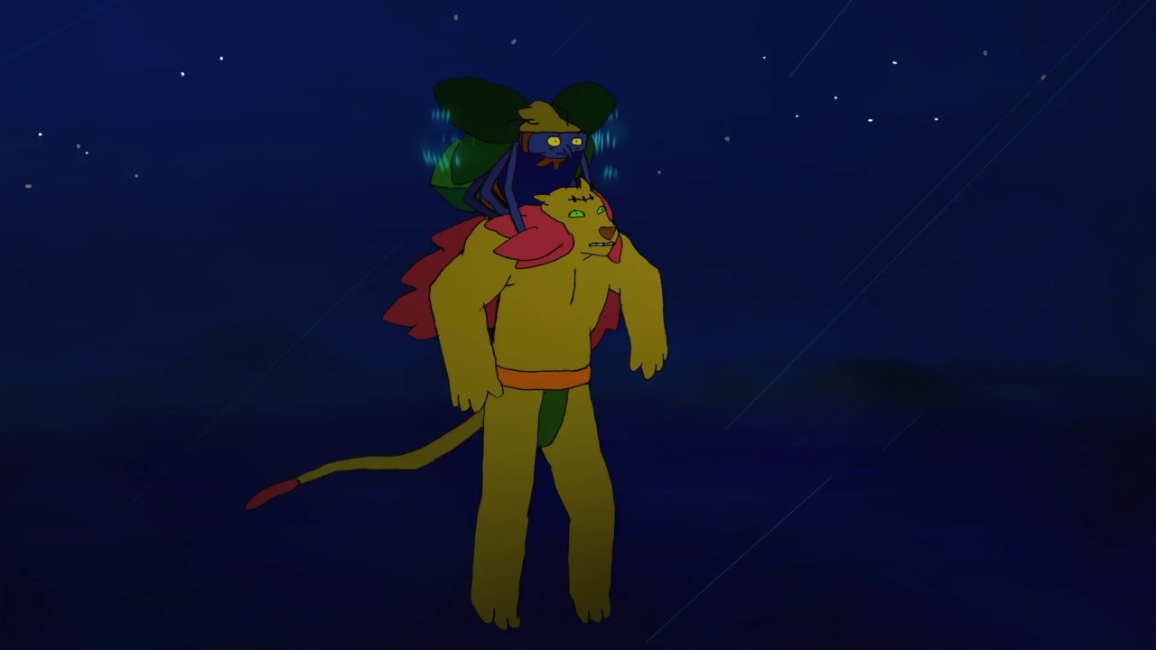 A cartoon character resembling a lion carries another colorful character with a large green hat at night.