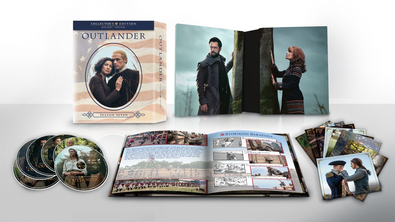 Collector's edition box set of "Outlander" Season 7 includes DVDs, character booklet, and photo cards, featuring scenes and characters.