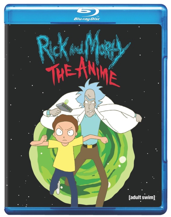 Blu-ray cover of "Rick and Morty: The Anime" featuring animated characters Rick and Morty with a green portal backdrop.
