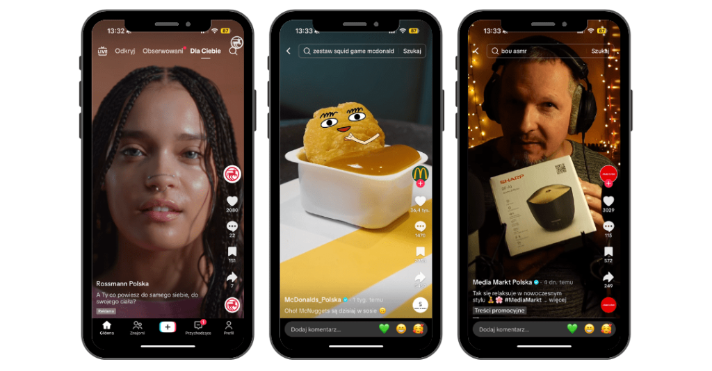 Three smartphone screens displaying a social media app with videos: a woman on the left, a cute dumpling in a cup in the middle, and a man holding a product box on the right.
