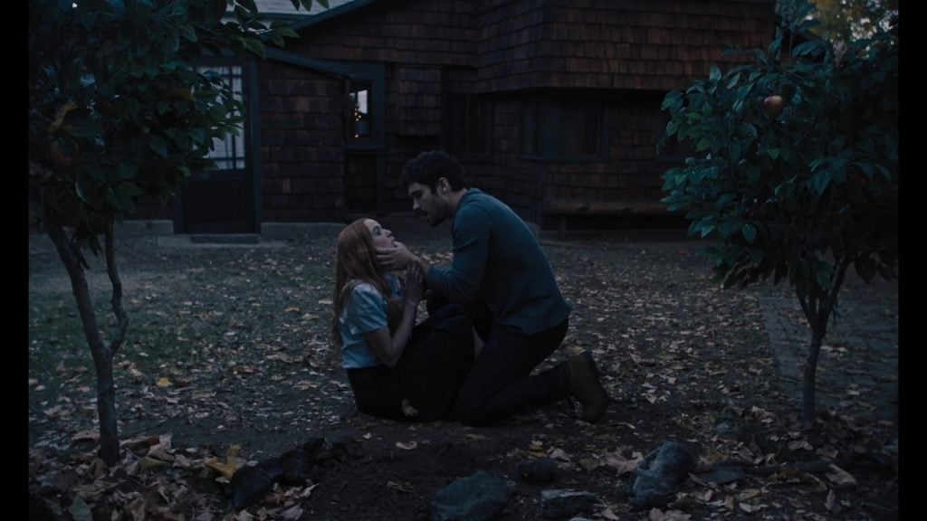 A man kneels in front of a woman, holding her arms, in a yard covered with leaves, near a wooden house.
