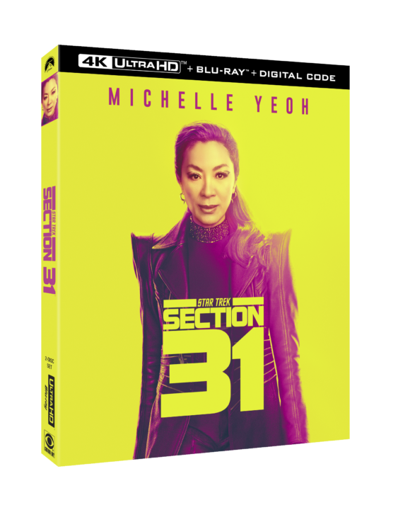 Box cover of "Star Trek: Section 31" featuring a woman in a futuristic outfit against a yellow background. Includes 4K Ultra HD, Blu-ray, and digital code.