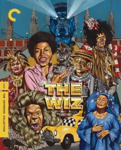 Colorful illustrated cover for "The Wiz" featuring characters in theatrical costumes, with a cityscape and yellow taxi. Criterion Collection edition noted on the side.