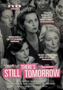 Black and white movie poster for "There's Still Tomorrow" featuring multiple women, with quotes from various reviews and a note about winning six Italian Academy Awards.
