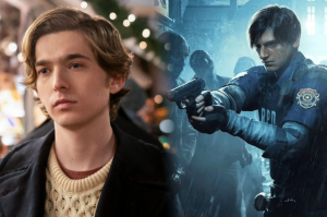 A young man with wavy hair is on the left. On the right, a video game character in a police uniform aims a gun, standing amid zombies.