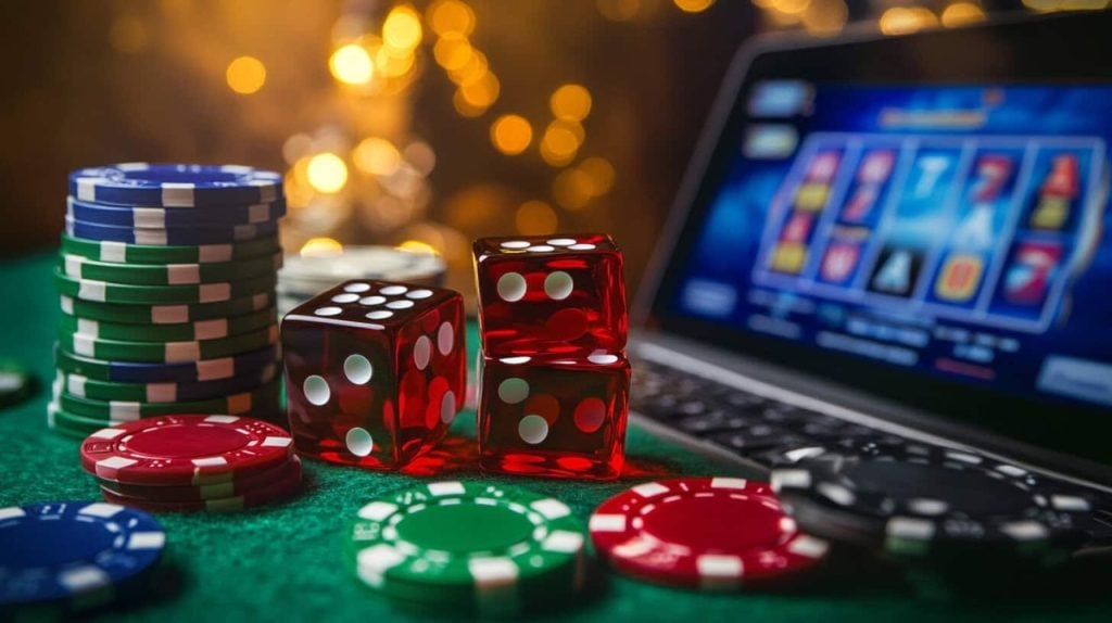 Poker chips, dice, and a laptop displaying a slot game are on a green table, with blurred lights in the background.
