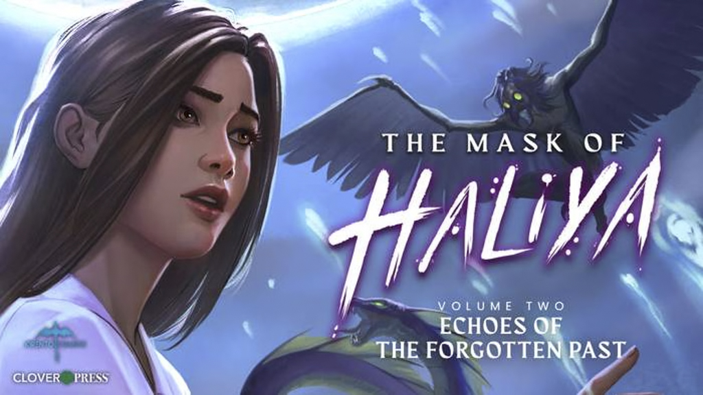 A woman looks up as a winged creature flies in the background. Text reads, "The Mask of Haliya, Volume Two: Echoes of the Forgotten Past.