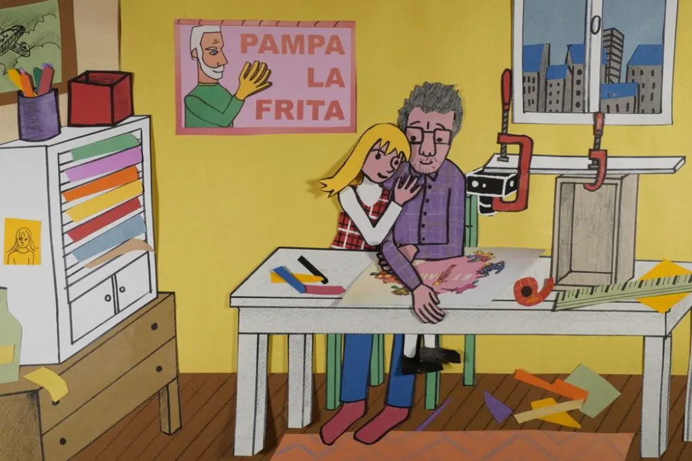 A girl hugs an older person seated at a table in a colorful room with art supplies. A poster on the wall reads "Pampa la Frita," and a window shows a cityscape.