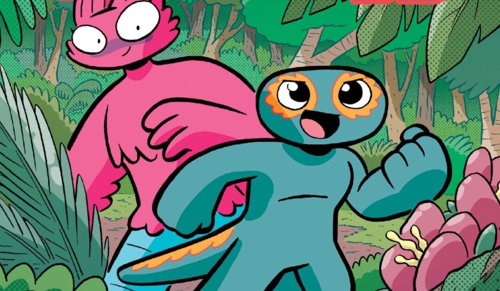Two colorful cartoon creatures, one pink and one teal, walk through a forest background with lush green foliage.