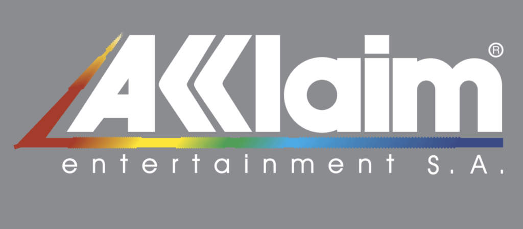 Acclaim Entertainment S.A. logo featuring bold white text with a colorful underline on a gray background.
