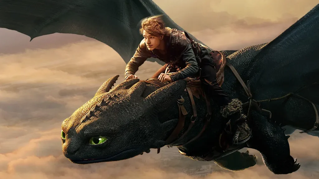 A person riding on the back of a large, black dragon soaring through the sky, surrounded by clouds.
